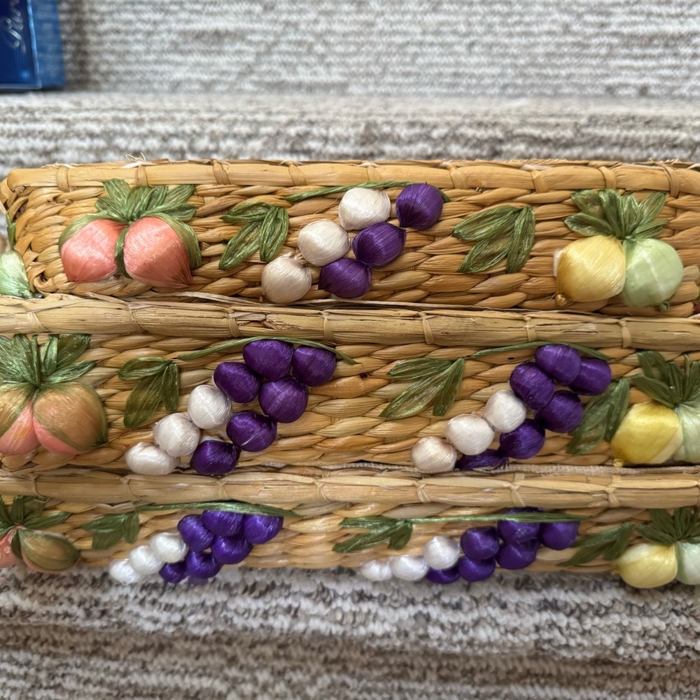 3 Retro Raffia Fruit Casserole Holder set 1970 kitchen wicker dish carrier
